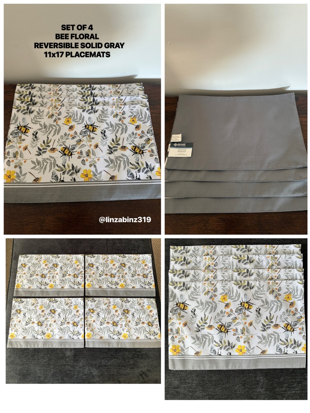 NWT- Set of 4- Reversible Solid Gray- Bee Floral Placemats 11x17